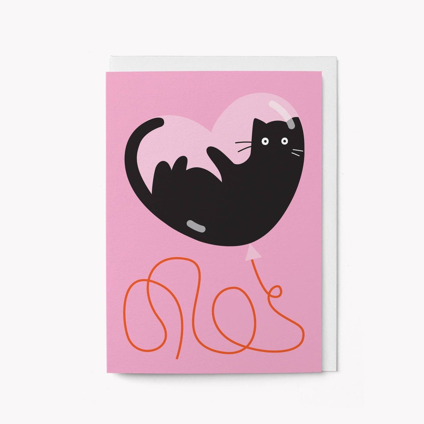 Curious Cat and Heart Balloon - Greeting card: Standard cello