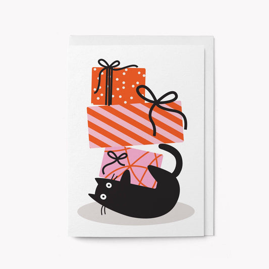 Playful Cat and Presents - Greeting card: Standard cello
