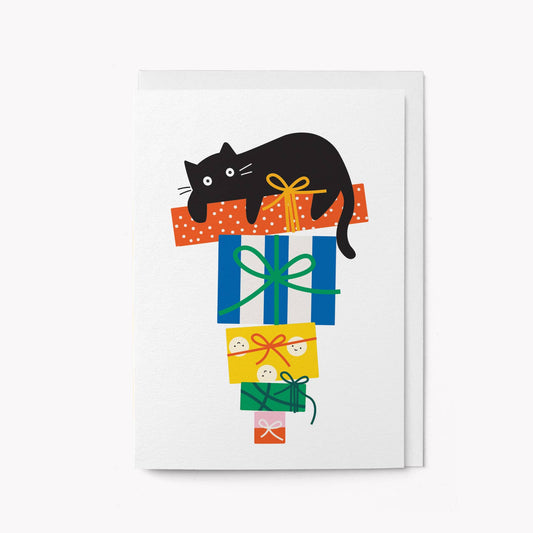 Playful Cat with Gifts Greeting Card: Standard cello