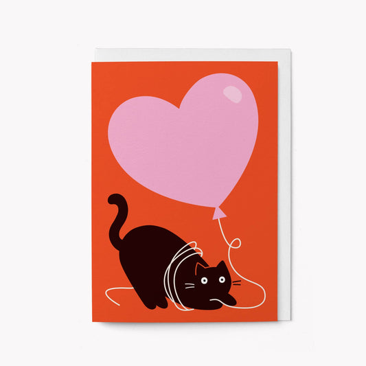 Cat and Heart Balloon Celebration Card: Standard cello