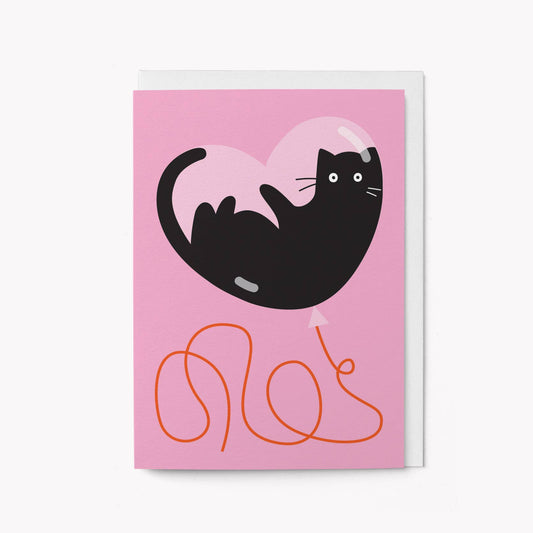 Curious Cat and Heart Balloon - Greeting card: Standard cello